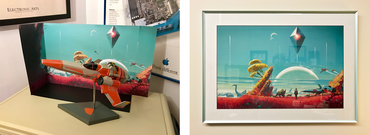 photos of a die-cast metal model of a No Man's Sky starship and a framed No Man's Sky poster on a wall