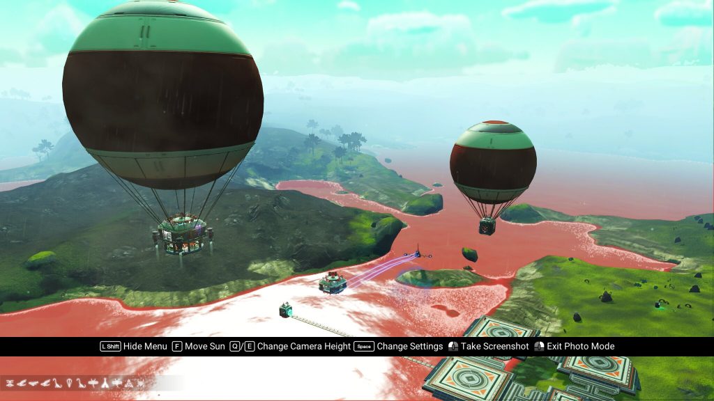 "Hot Air Balloons" above a river in a No Man's Sky screenshot