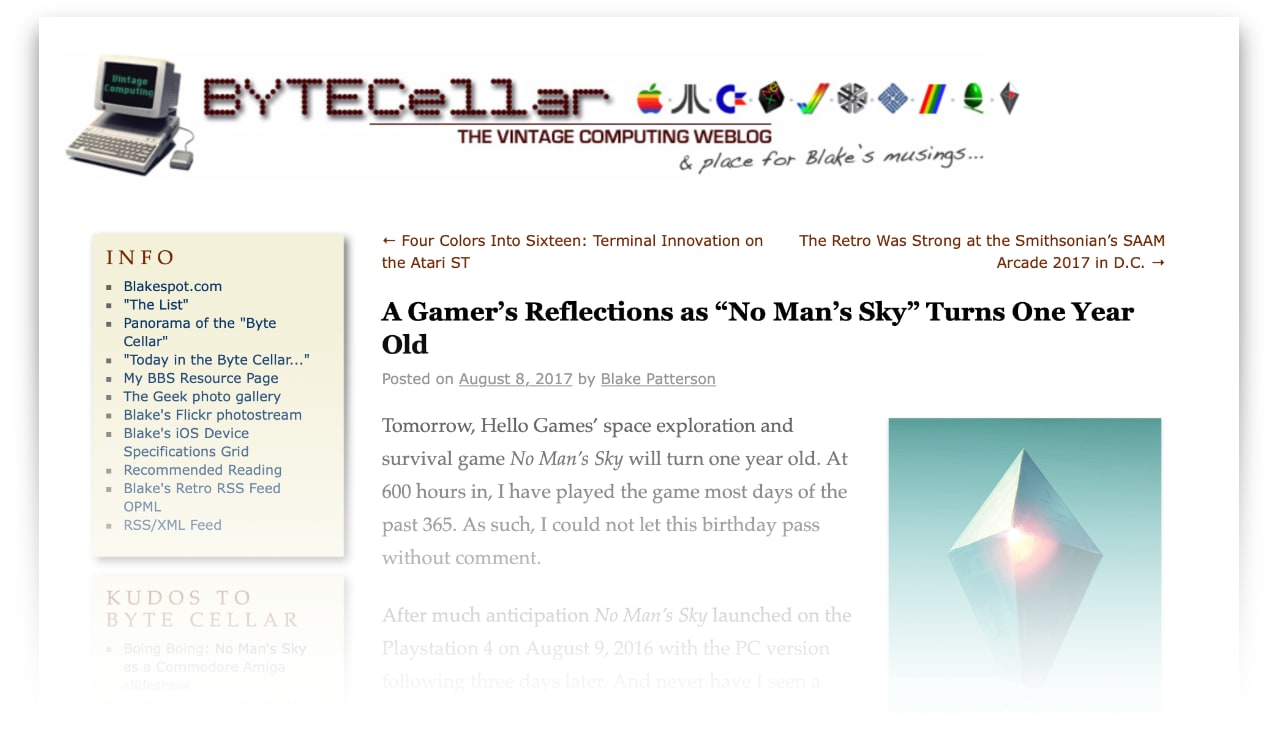 screenshot of a section of the ByteCellar blog showing an older No Man's Sky post on the page