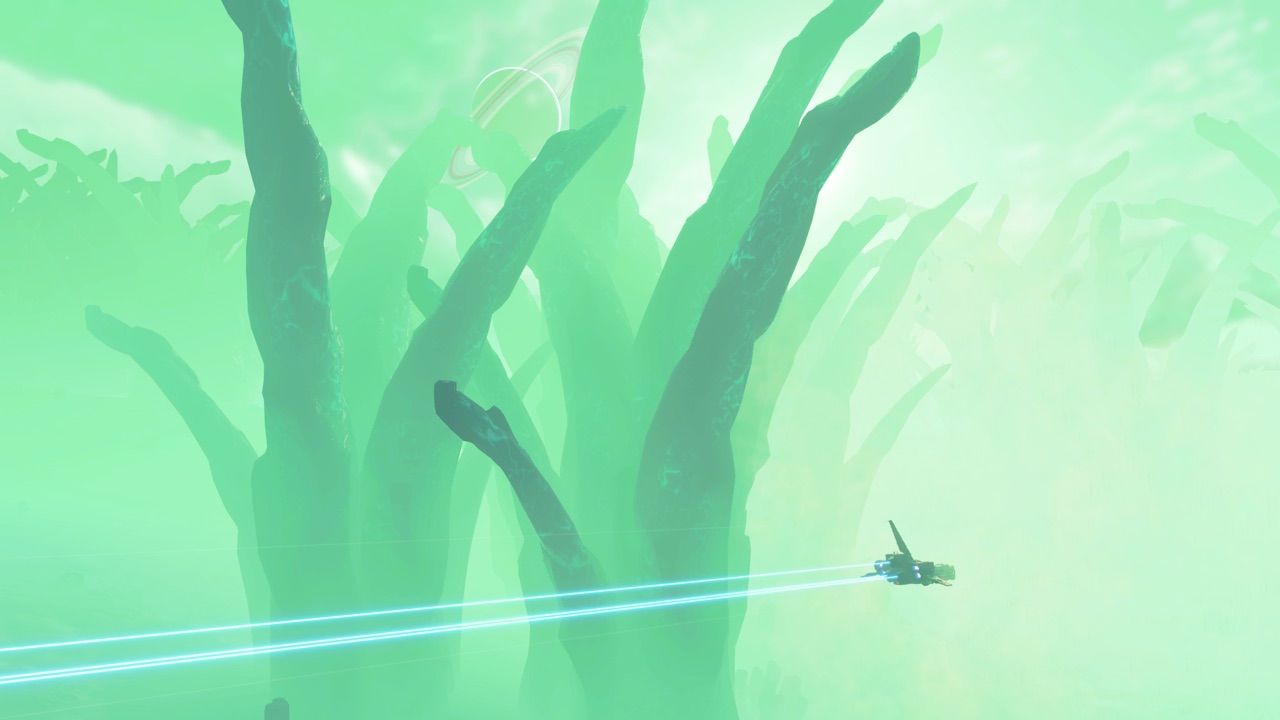 photo of a starship flying through a green haze above a planet covered in gargantuan flora