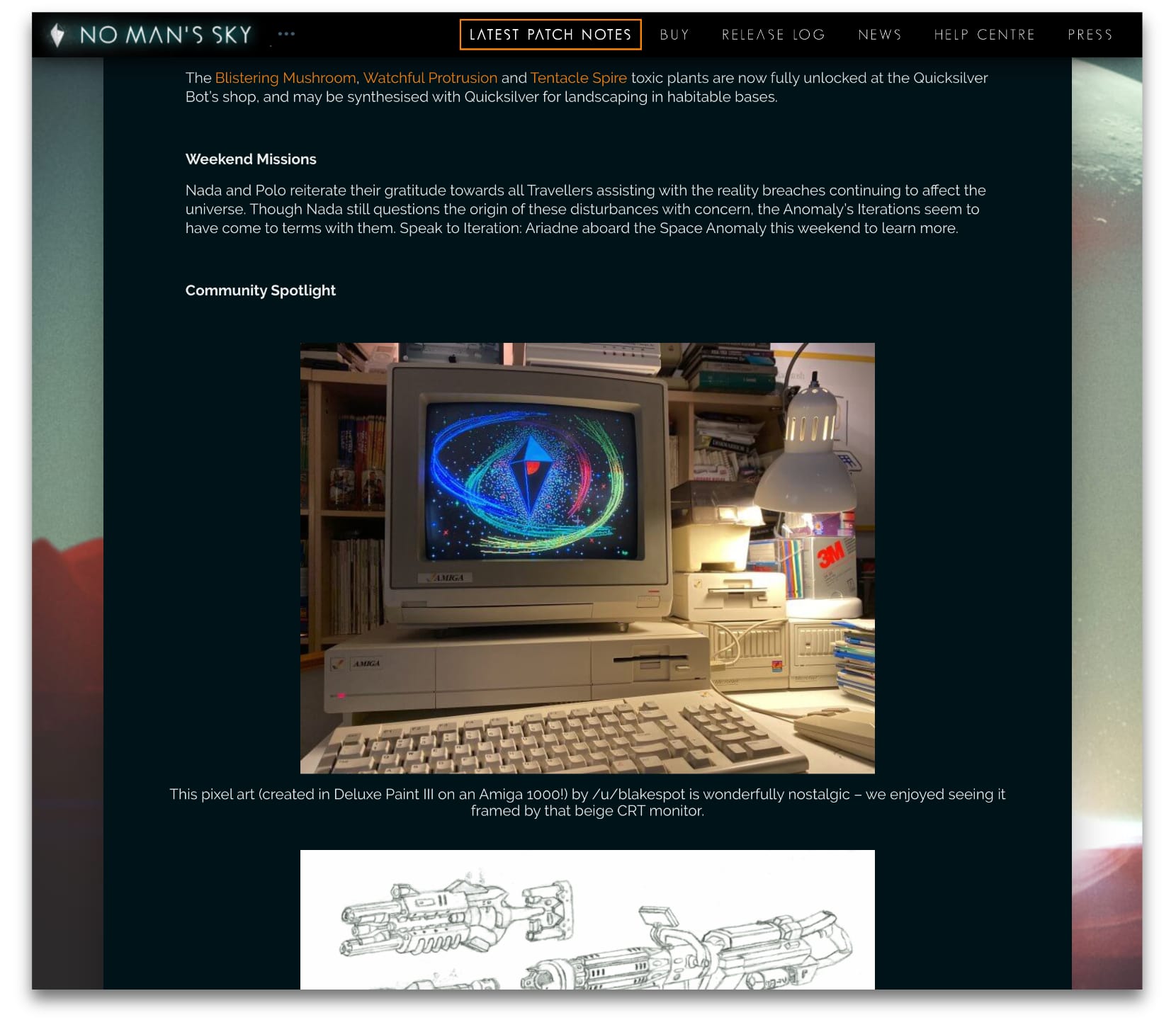 No Man's Sky graphic shown rendered on an Amiga CRT on Hello Games' Community Spotlight website section