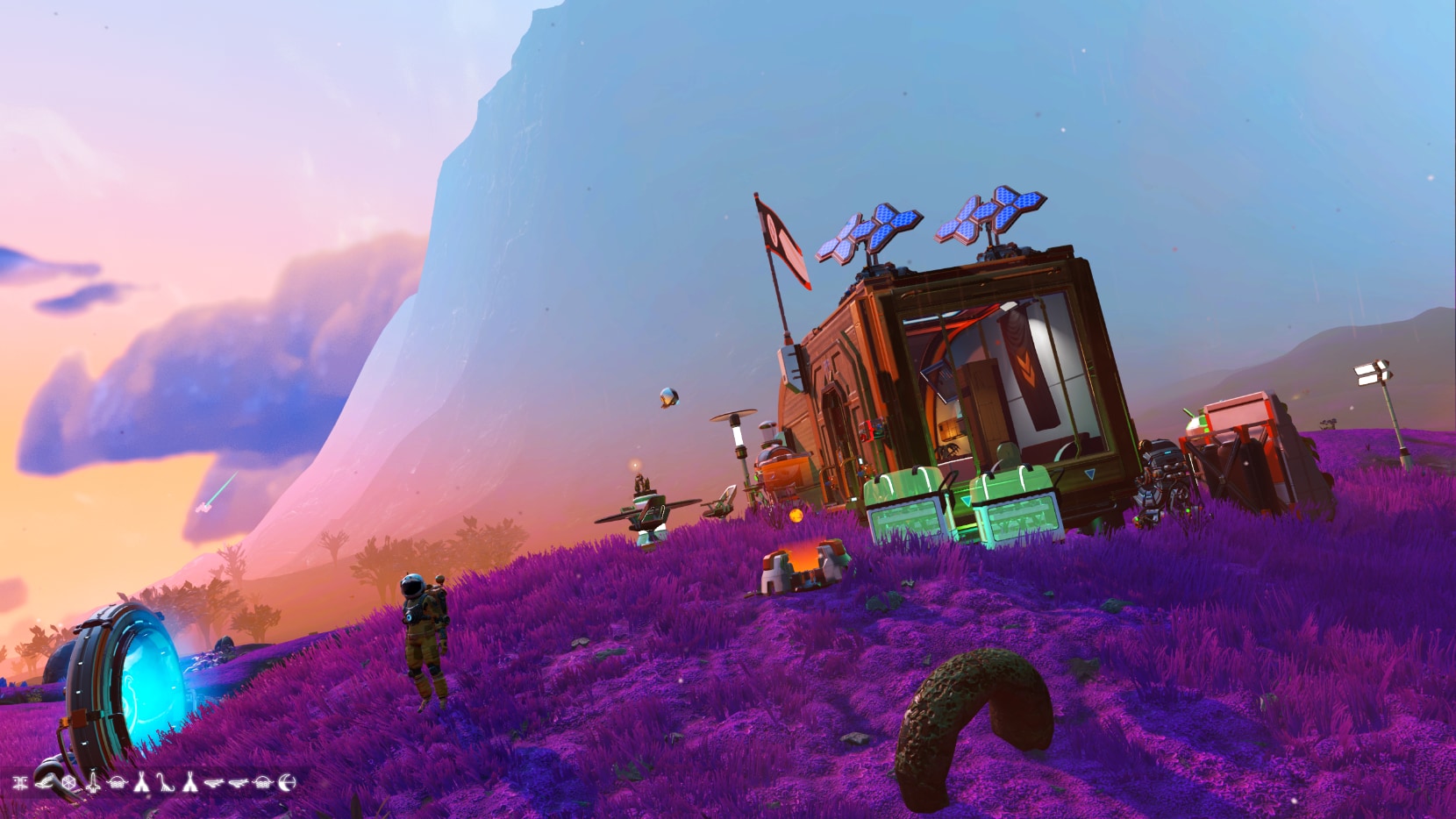 Two-room tiny house on a purple, lush world with a mountain looming in the backgdrop