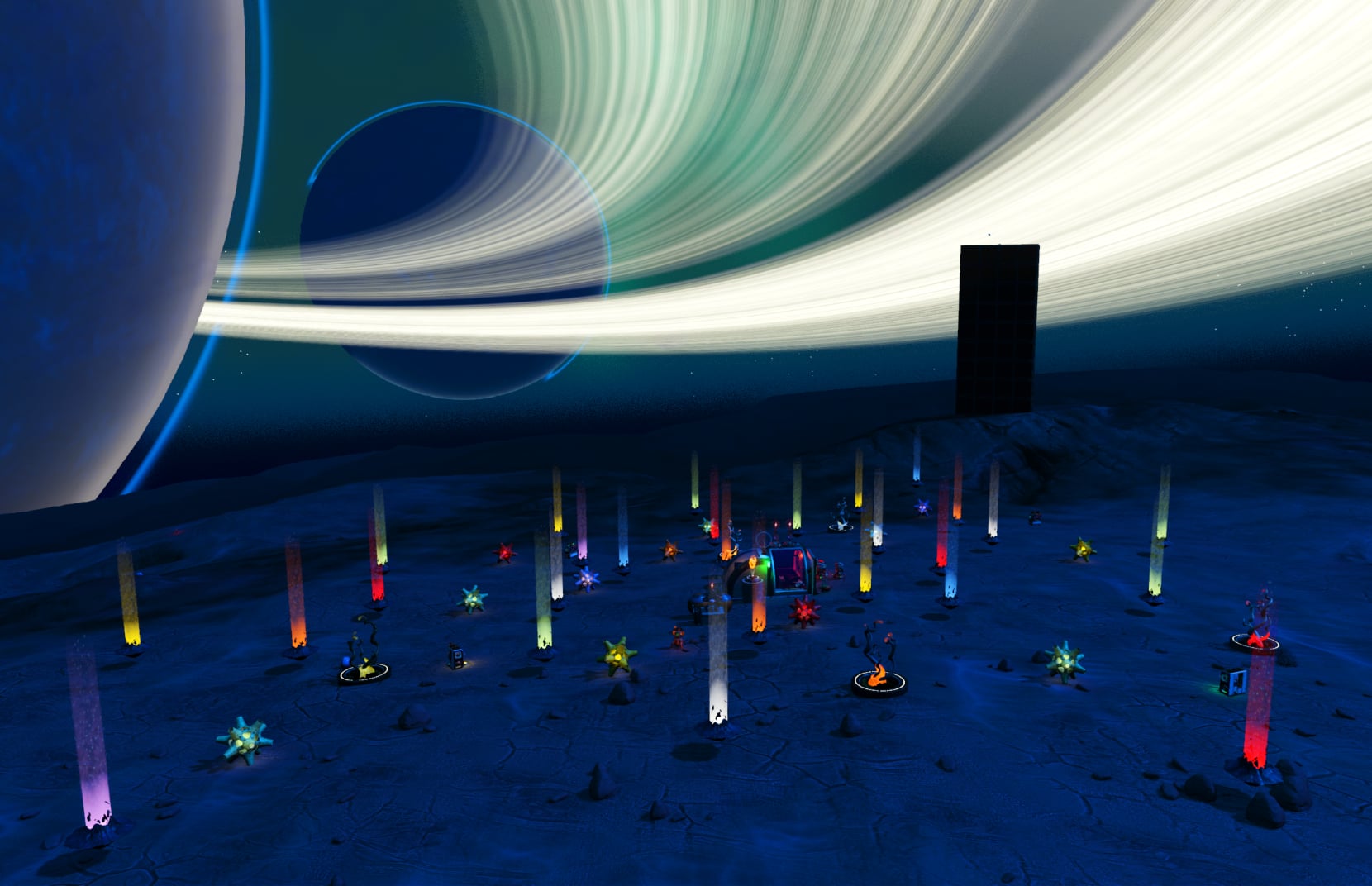 Tiny moon base at night with colorful lights all around it