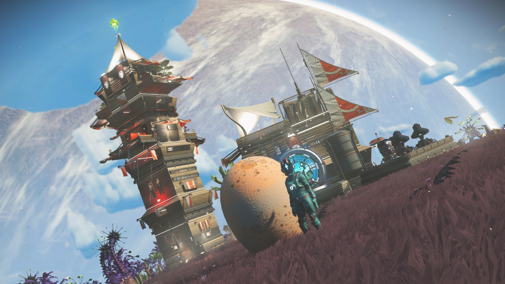 Tower base with massive companion egg in yard, planet behind