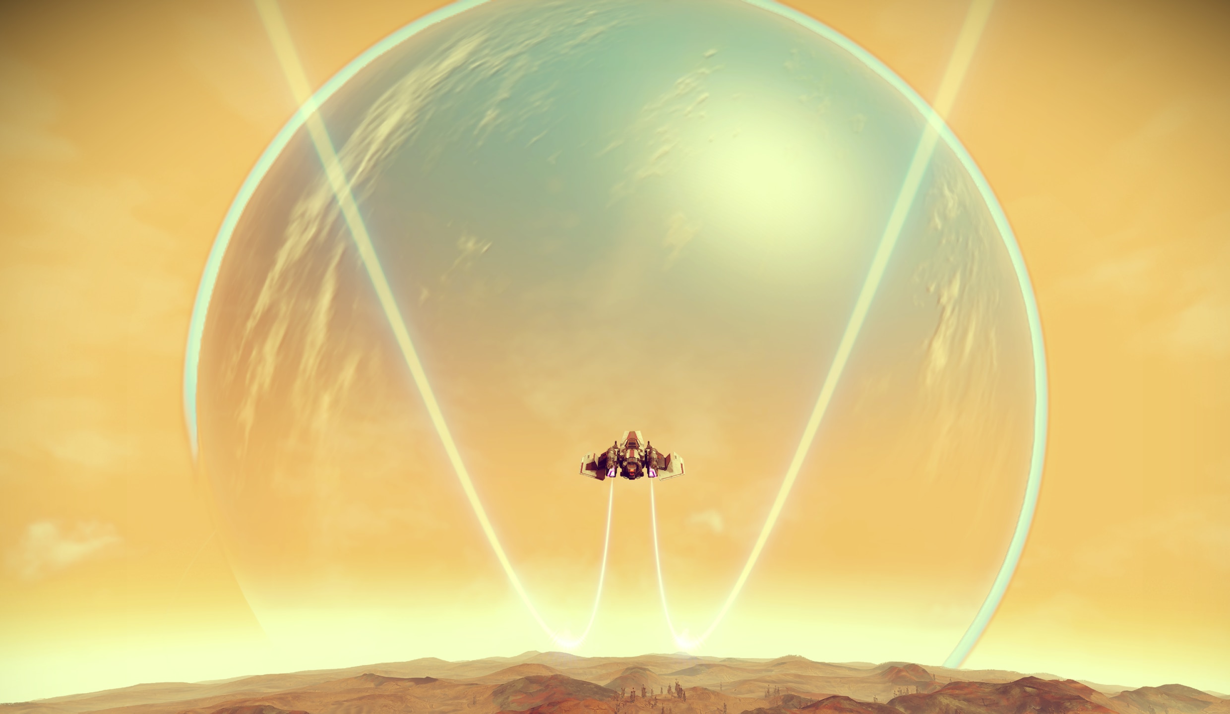 Spaceship flying from planet surface towards another planet in the distance